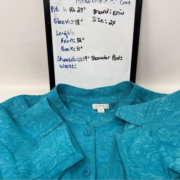 Erin Jacquard Floral Print Linen Blend Tunic Top Plus 3X 3/4 Sleeve Blue Button - Picture 8 of 14